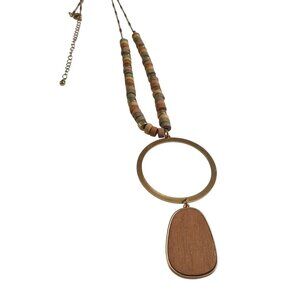 Wood Bead Necklace Gold Circle Pendant Adjustable Chain Lightweight Modern Boho